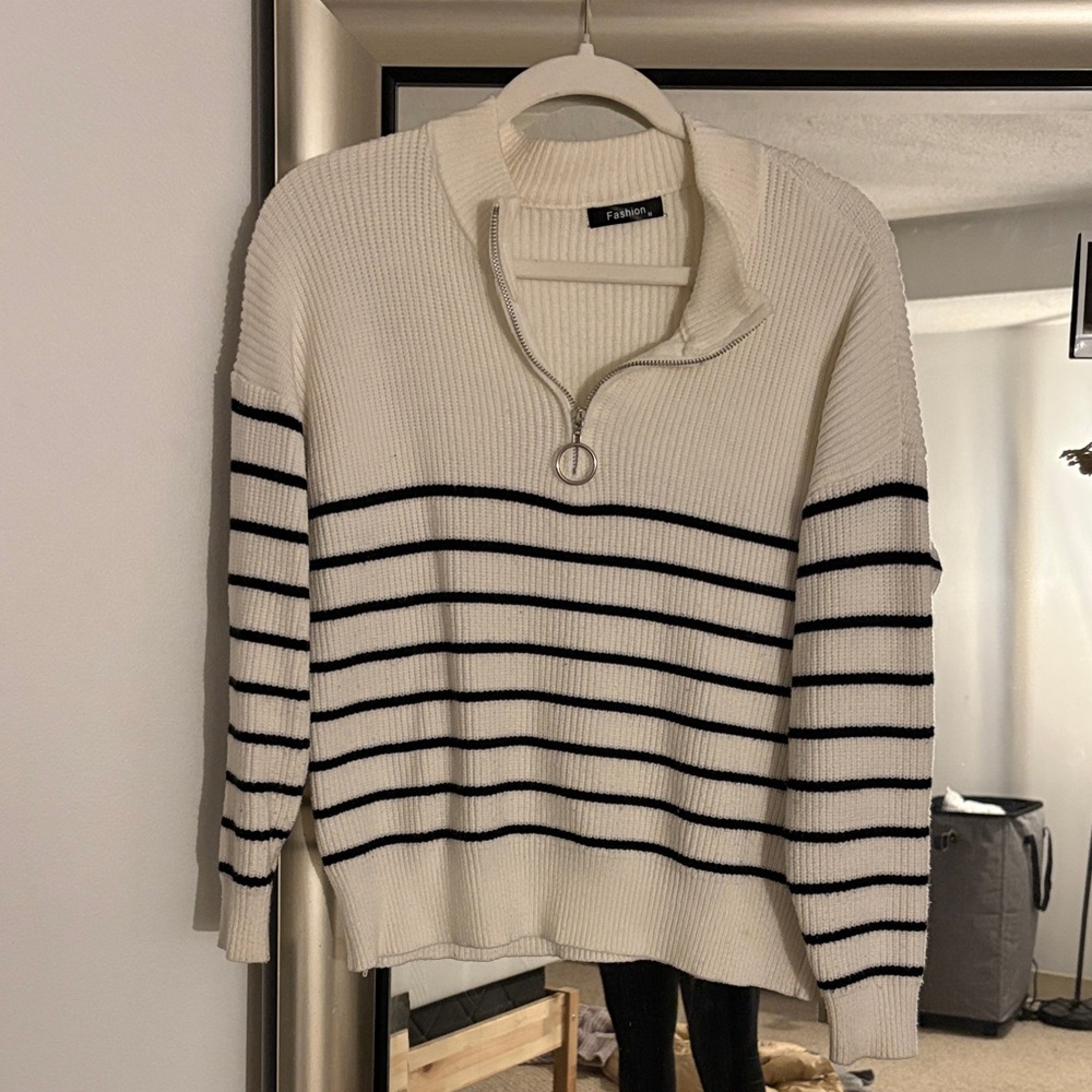 Women's Quarter Zip Sweater - Cream and Black Stripes
